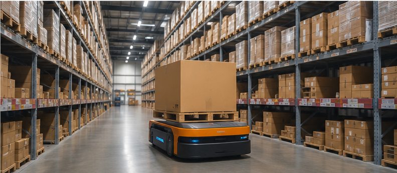 Bên trong kho trung chuyển: xe nâng tự hành chở một pallet thùng carton đi giữa hai dãy kệ hàng cao.