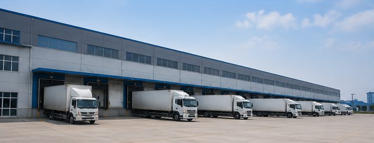 Dãy xe tải thùng trắng đỗ nối tiếp nhau tại các cửa xuất hàng của một nhà kho.