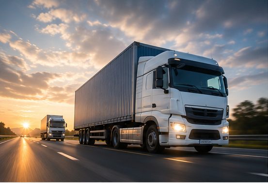 Xe tải container chạy trên đường cao tốc lúc hoàng hôn, một xe khác chạy phía sau.